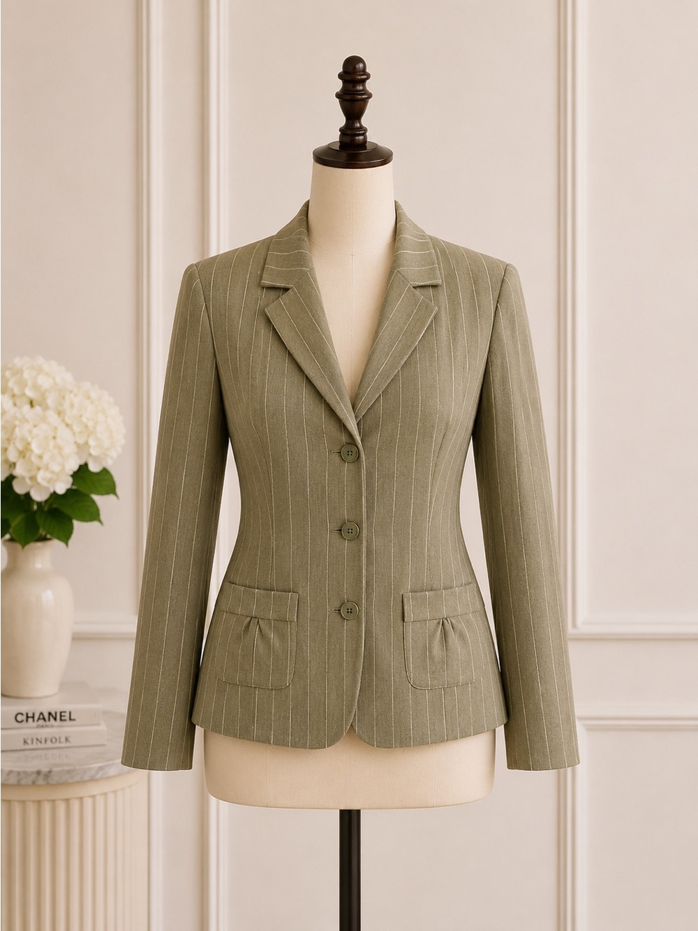 100% linen Style & Co. Olive Pinstripe Women's Blazer